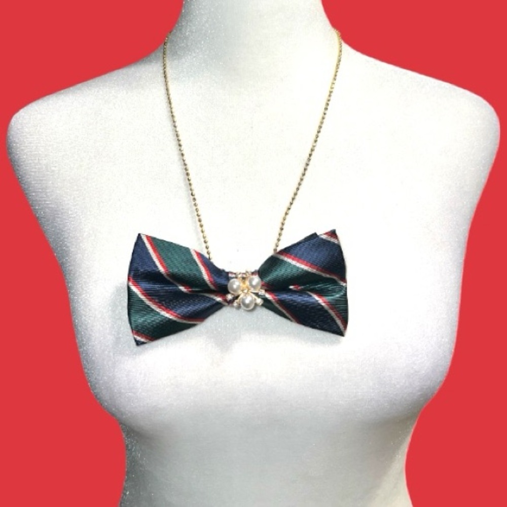 “Dainty Dapper” green Striped Bow tie Necklace